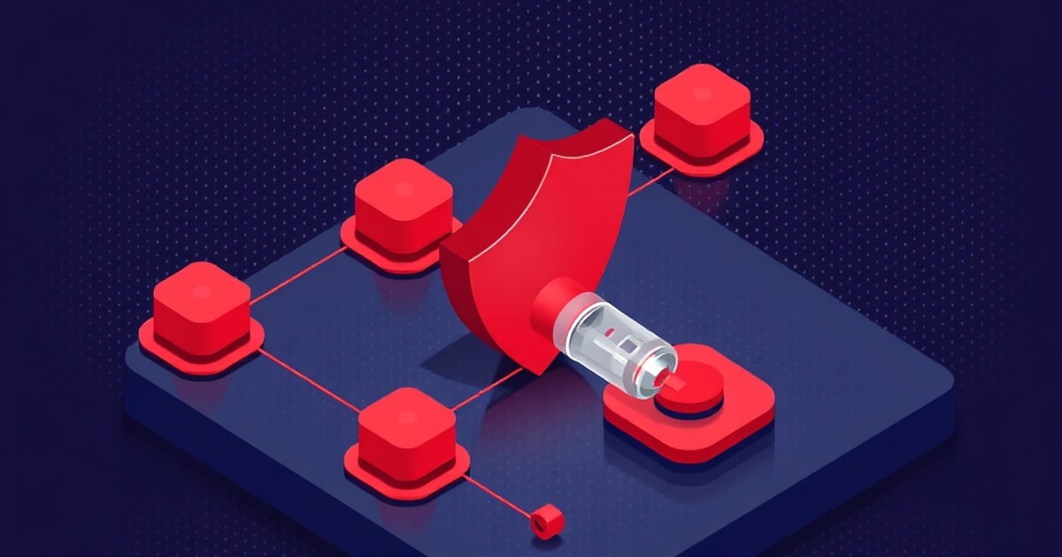 Isometric red shield on a navy platform blocks a glass capsule from reaching an execute button, with linked red nodes showing an agent's guarded action boundary.