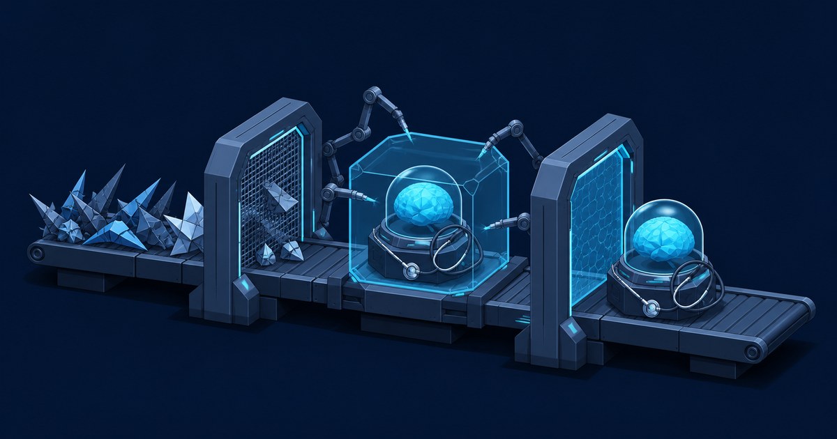 A conveyor belt carries a glowing blue brain past mesh screening gates and robotic arms into a protective glass case beside a stethoscope, with jagged crystal shards on the left.