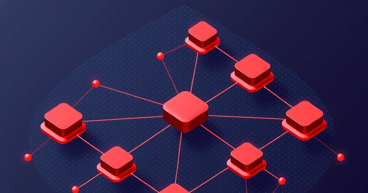 Red isometric cube nodes connected by glowing lines in a branching network on a dark navy background, evoking interconnected data pathways and hidden attack routes.