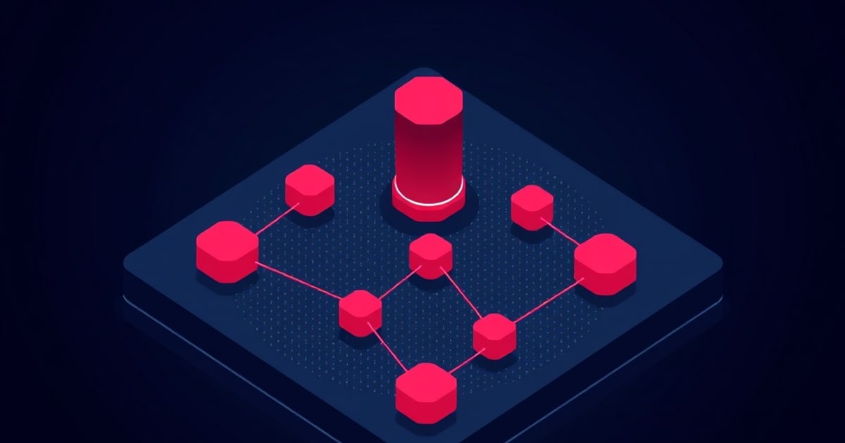 Isometric illustration of red hexagonal blocks linked across a dark slab below a tall tower, representing an automated attacker probing model defenses