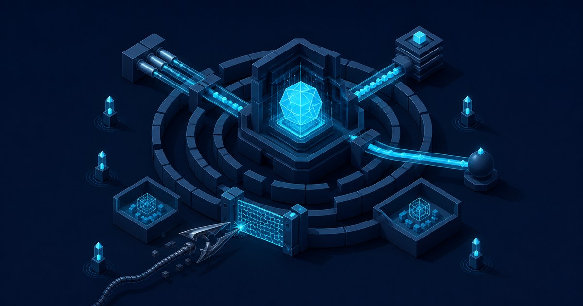 A glowing blue hexagonal vault with a floating crystalline core sits inside concentric ring walls, linked by lit conduits to smaller node terminals and a hooked probe breaching a mesh panel.