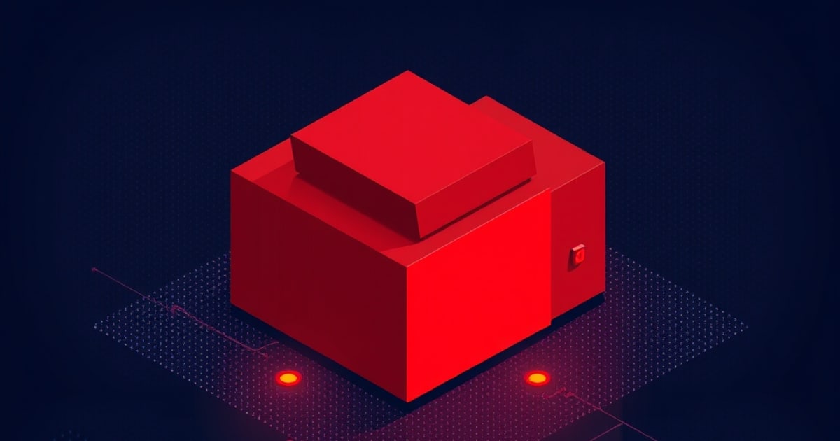 Flat isometric illustration of a bright red box with a raised lid panel and a small side switch, sitting on a dim dotted circuit plane.