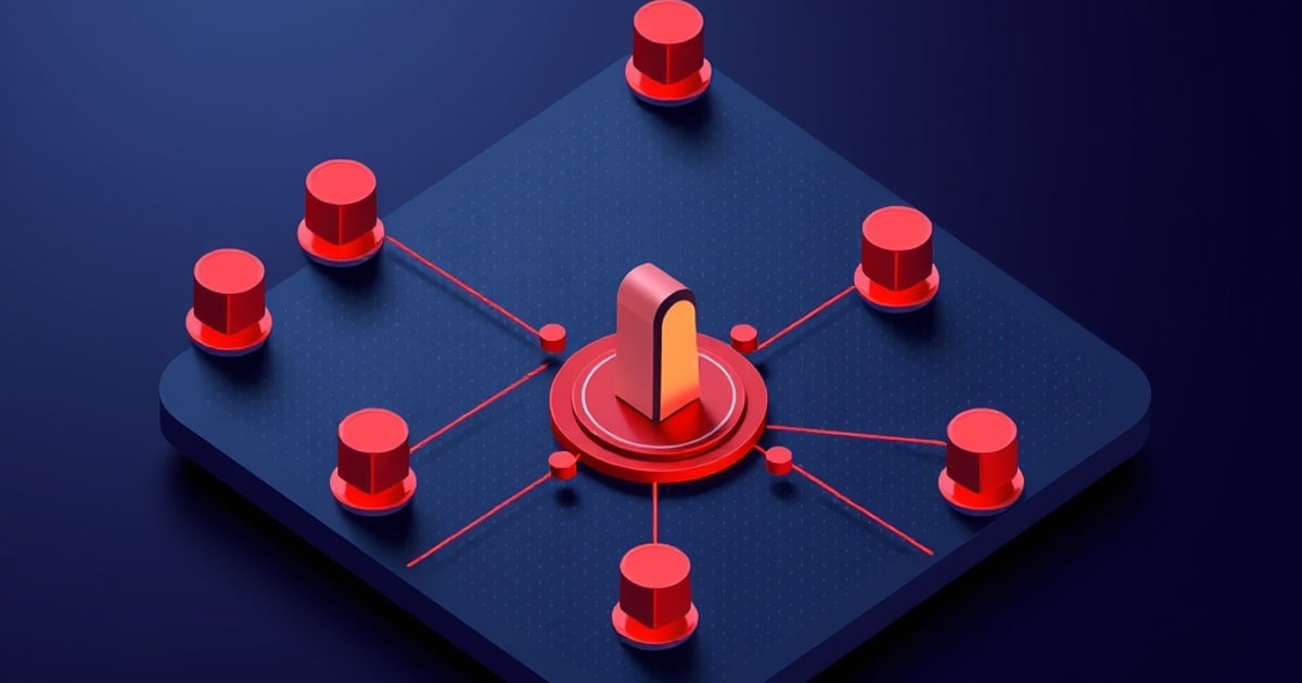 Flat isometric illustration of a glowing orange capsule on a red disc at the center of a dark panel, linked by red lines to eight red cylinders.